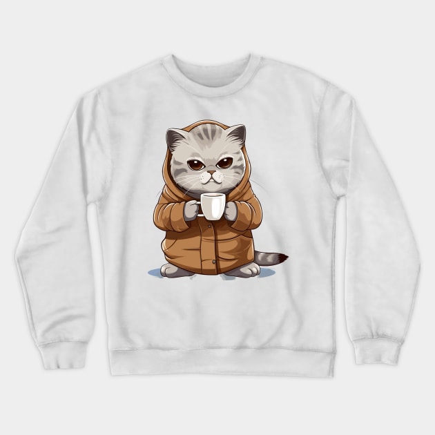 Scottish Fold Cat Drinking Coffee Crewneck Sweatshirt by Graceful Designs